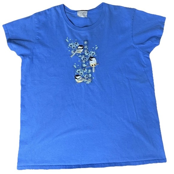 Vintage Top Stitch Embroidered Chickadee Women's T-shirt Size Medium Blue - Picture 1 of 1